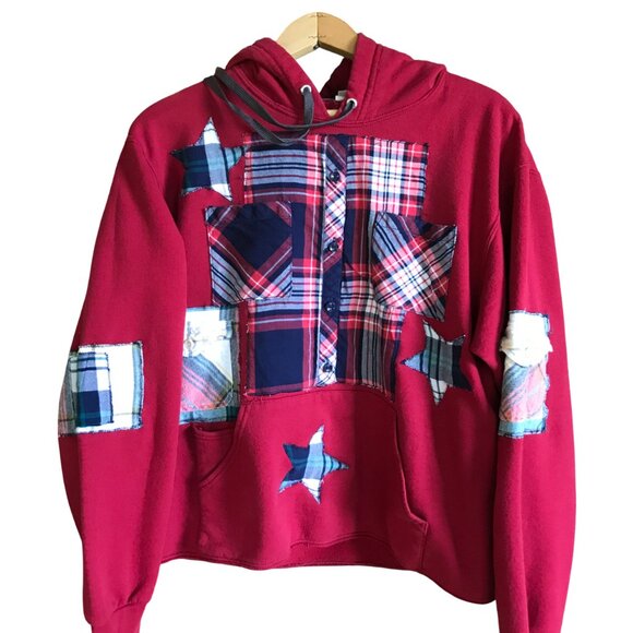 Upcycled Patchwork Hoodie, Size Medium: Red Plaid, Star Appliqués, Grunge Style - Picture 2 of 13